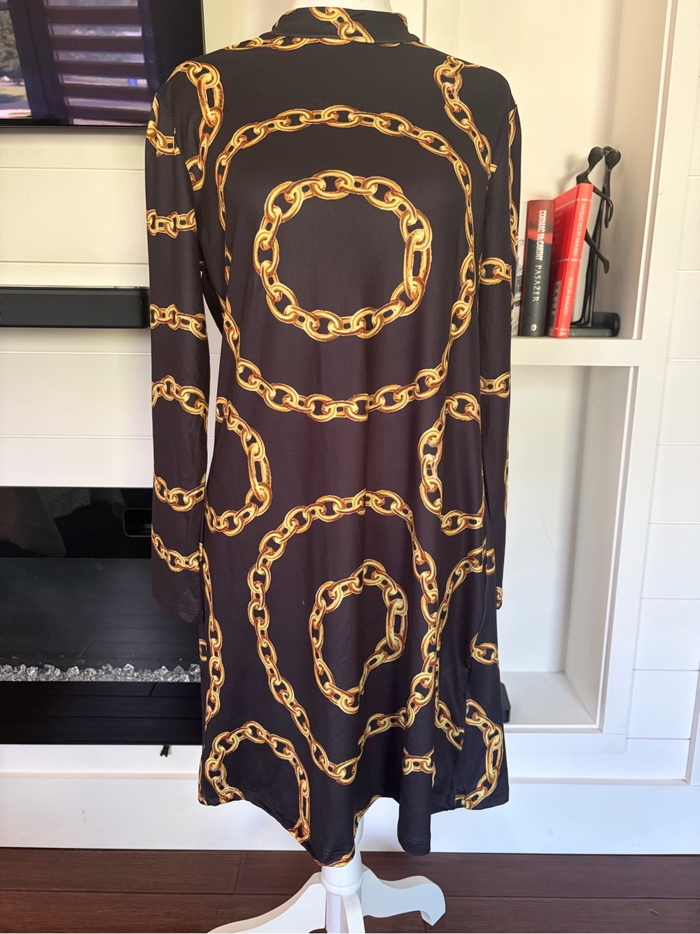 Black Mini Dress with Yellow Chain Print - Long Sleeve